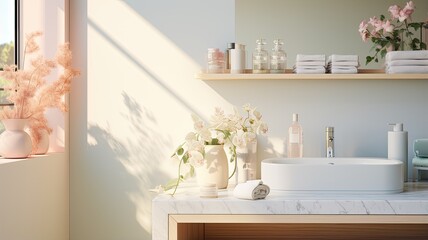 a soap dispenser, spa towel, and other bathroom accessories meticulously arranged on a pristine pastel countertop within a minimalist, white bathroom. The scene exudes the tranquility of a spa retreat