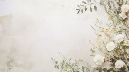 a delicate white paint texture adorned with meticulously arranged flowers, herbs, and leaves. The composition serves as a captivating background for wedding-themed wallpaper, invitations,
