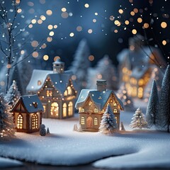Cute Christmas Winter Village, Season's Greetings Card Template. - obrazy, fototapety, plakaty