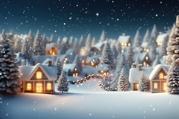 A Charming Snowy Village, Houses and Christmas Trees, Cozy Lights, a Background for a New Year and Christmas Greeting Card. - obrazy, fototapety, plakaty