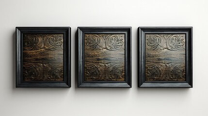 Three black wooden frames on white wall. 3D Rendering.  
