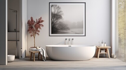 a modern white bathtub surrounded by pristine white towels and neatly placed slippers, all within a minimalist bathroom interior. The scene highlights the simplicity and elegance