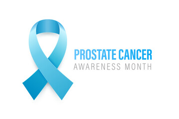 Prostate Cancer Banner, Card, Placard with Vector 3d Realistic Blue Ribbon on White Background. Prostatea Cancer Awareness Month Symbol Closeup, September. World Prostate Cancer Day Concept