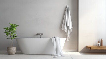 a modern white bathtub surrounded by pristine white towels and neatly placed slippers, all within a minimalist bathroom interior. The scene highlights the simplicity and elegance