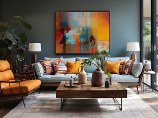 Fototapeta premium As the sun sets on the distant mountains, an indoor landscape of vibrant sky-blue bowls and vases adorns a table, inviting viewers to dream of peaceful cloud-filled sunrises