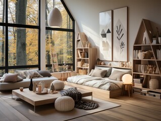A cozy den with a stylishly designed couch, plush pillows, a rustic table, and a vase of vibrant flowers resting atop the wooden floor, illuminated by natural light streaming in through the window