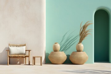 A warm, inviting outdoor setting with two lush flowerpots nestled between a bench and a wall, perfect for an intimate moment of relaxation and contemplation