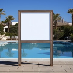 Blank billboard near swimming pool with palm trees on background. Mock up. 
