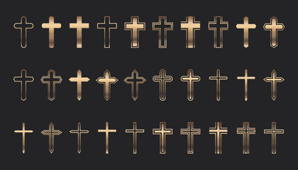 Flat Vector Golden Christian Cross Icons Set. Line Silhouette Cut Out Christian Crosses Collection
