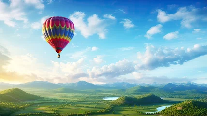 Poster a colorful hot air balloon gracefully floating over a picturesque field with a radiant blue sky as the backdrop. The scene embodies the thrill of a hot air balloon ride. © lililia