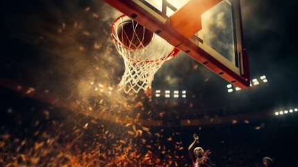 An action photo of a basketball going through the basket of a live game. Scoring points - obrazy, fototapety, plakaty