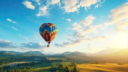 Fototapeta premium a colorful hot air balloon gracefully floating over a picturesque field with a radiant blue sky as the backdrop. The scene embodies the thrill of a hot air balloon ride.