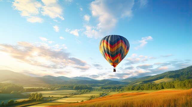 a colorful hot air balloon gracefully floating over a picturesque field with a radiant blue sky as the backdrop. The scene embodies the thrill of a hot air balloon ride. - Powered by Adobe
