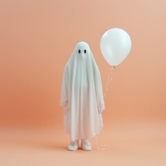 White ghost sheet costume with air balloon isolated on pastel orange background. Magic scary spirit. Happy Halloween! Halloween party minimal concept