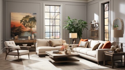 Fototapeta premium A cozy living room with a comfy couch, loveseat, and coffee table surrounded by warm walls, beautiful flooring, and stylish furniture creates a welcoming home design perfect for gathering with family