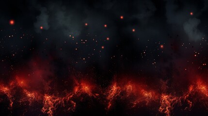 Background with fire sparks, embers and smoke. Overlay effect of burn coal, grill, hell or bonfire with flame glow, flying red sparkles and fog on black background, vector realistic border, poster - obrazy, fototapety, plakaty