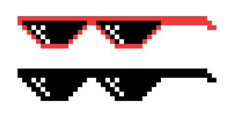 Vector Pixel Boss Glasses Icon Set in 8 bit Retro Style. Summer Meme Game Thug Design, Mafia Gangster Funky Sunglasses. Rap Music Design Element
