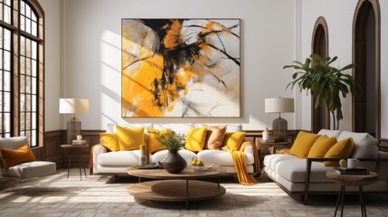 A cozy and inviting living room, boasting a bright and vibrant large painting on the wall, is complemented by tasteful furniture and accessories, creating a luxurious and artistic atmosphere