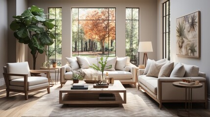 A cozy living room with plush white furniture and vibrant trees visible through the window creates a peaceful oasis in the home