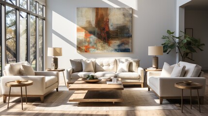 Fototapeta premium A cozy den full of inviting furniture, tasteful design, and a captivating painting on the wall that draws you in, creating an inviting atmosphere for relaxation and conversation