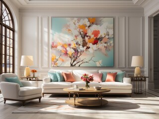 A breathtaking landscape painting of a vibrant sunrise over majestic mountains, framed by a cloud-filled sky, beckons one to marvel at the beauty of nature both indoors and outdoors