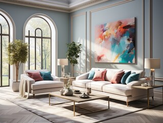 A cozy living room, filled with comfortable furniture, featuring an eye-catching painting on the wall that brings the entire design to life