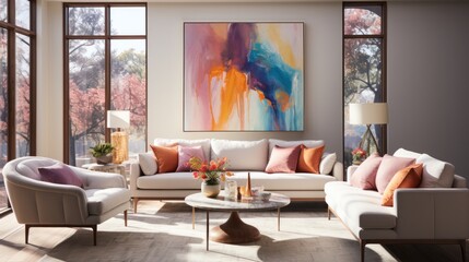 A cozy den, furnished with a comfy couch and loveseat, adorned with a vibrant painting on the wall, plush pillows and a vase of fresh flowers, radiates warmth and serenity, blending art and design to