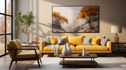 A vibrant living room with a sunny yellow couch, an eye-catching painting on the wall, and other cozy pieces of furniture provides a warm and inviting space for family and friends to gather and appre