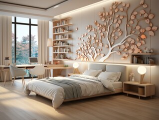 This cozy bedroom suite offers a warm and inviting space to relax, with its hardwood floors, comfortable furniture, and stylish design elements such as wallpapers, lamps, and vases