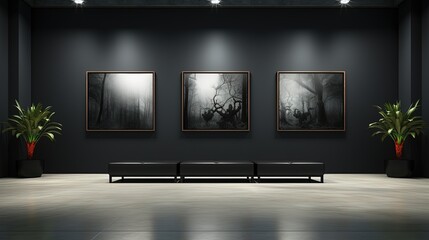 Gallery interior with empty frames on the wall, 3d render illustration. Art exhibition. Mock up.