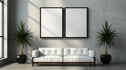 Gallery interior with empty frames on the wall, 3d render illustration. Art exhibition. Mock up.