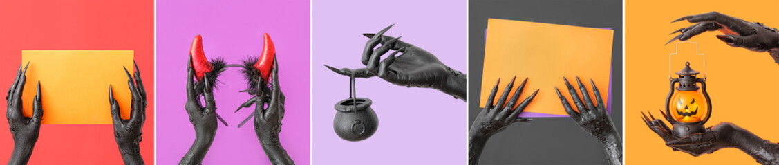 Set of creepy witch's hands on color background. Halloween celebration