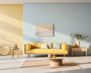 A warm yellow loveseat set against a textured wall creates a cozy and inviting atmosphere, perfect for relaxation and enjoyment of the surrounding furniture and décor