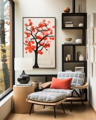 A cozy home den with a loveseat, armrest chair, and matching table adorned with a vase of flowers and a pillow for added comfort, all set against a vibrant wallpaper design, provides a warm and invit