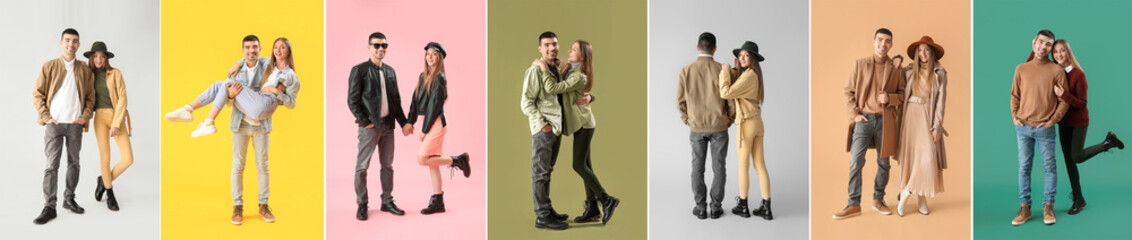 Collage of stylish young couple in autumn clothes on color background