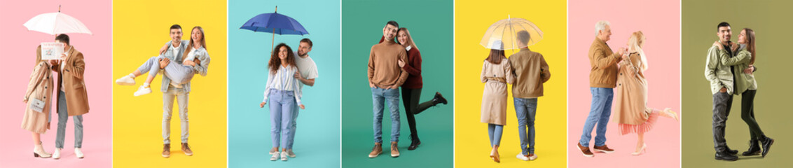 Collage of stylish young couples in autumn clothes on color background