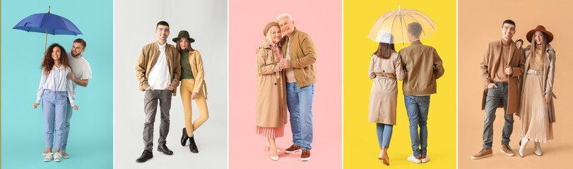 Set of stylish young couples in autumn clothes on color background