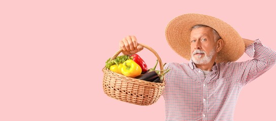 Mature male farmer with wicker basket full of different vegetables on pink background with space...