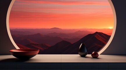 As the sun sets on the distant mountains, an indoor landscape of vibrant sky-blue bowls and vases adorns a table, inviting viewers to dream of peaceful cloud-filled sunrises
