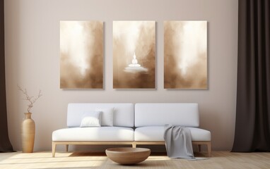 A bright white couch surrounded by artful vases and cushions creates a cozy atmosphere, perfect for admiring the colorful wallpaper and dreamy curtains in the inviting room