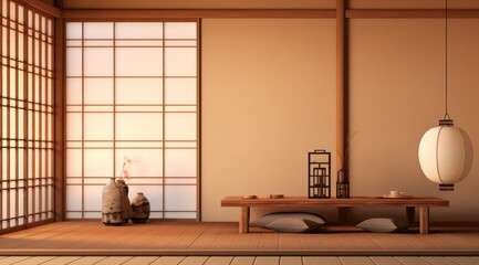 A tranquil shoji room with beautiful furniture and delicate vases on the walls, illuminated by natural light streaming in from the window, creating a serene atmosphere on the warm wooden floor - obrazy, fototapety, plakaty
