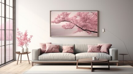 A cozy and inviting living room with a pink-pillowed couch, vibrant wall art, a loveseat, a decorative vase filled with flowers, and polished hardwood floors, creating a stunning and inviting atmosph