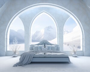 A wintery scene of a cozy bed with a warm blanket, snow-kissed vases, and a window that frames the beauty of an indoor wall