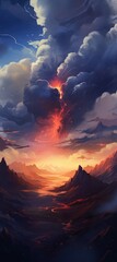 At dusk, the sky was illuminated with a fiery afterglow from the volcanic eruption, painting a breathtaking landscape of majestic mountains, fluffy clouds, and a captivating sunset