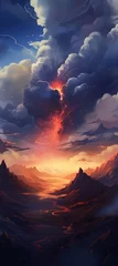 Raamstickers Zalmroze At dusk, the sky was illuminated with a fiery afterglow from the volcanic eruption, painting a breathtaking landscape of majestic mountains, fluffy clouds, and a captivating sunset