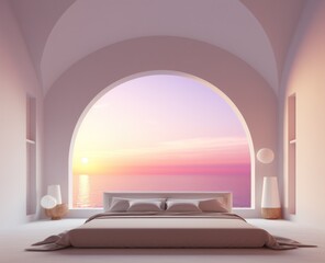 A bedroom with a modern design, adorned with comfortable furniture and surrounded by calming walls, provides a picturesque view of the rising sun over the vast ocean