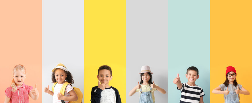 Collage Of Happy Little Children Showing Thumb-up Gesture On Color Background