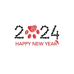 2024 text with doodle bone and paw print. Happy new year and merry christmas greeting card - 644616706