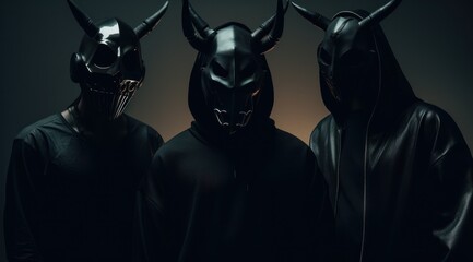 A dark, mysterious group of batman fans wearing black masks stand together, exuding an air of danger and excitement