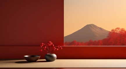 A vivid landscape of red flowers, mountains, and walls creates an indoor atmosphere full of life and beauty, highlighted by a bowl of bright red berries in a vase
